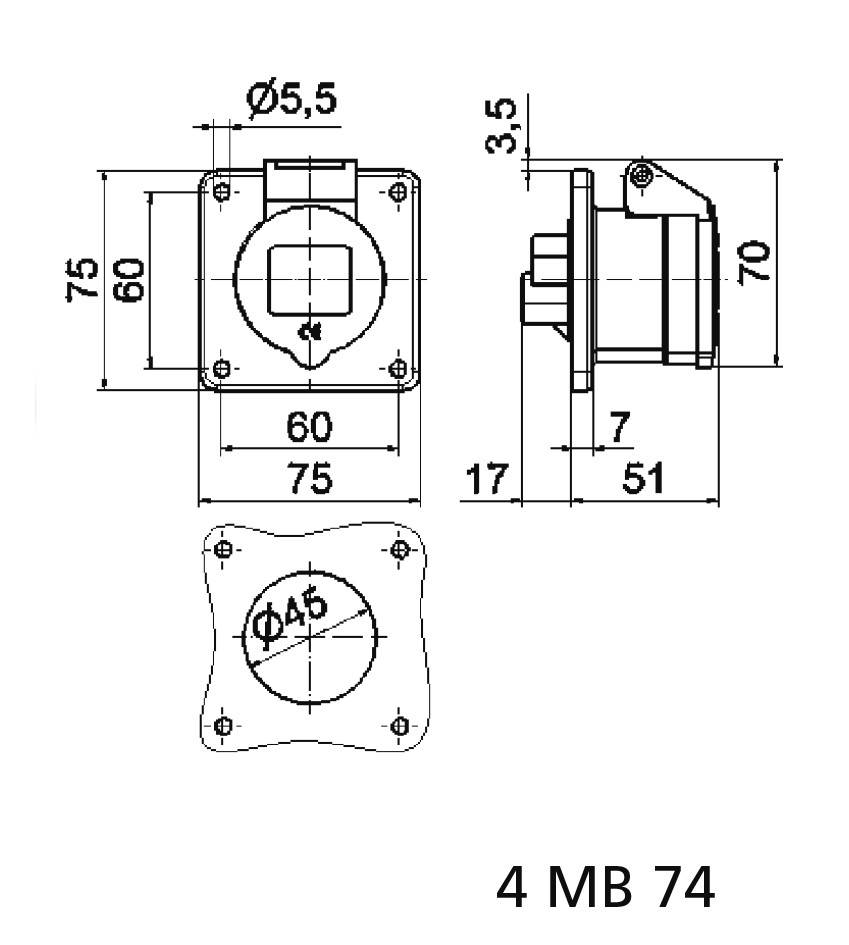 Technische Zeichnung eines Bauteils mit Maßen: 75x75 mm Frontplatte, 45 mm Lochdurchmesser, seitliche und frontale Ansichten.