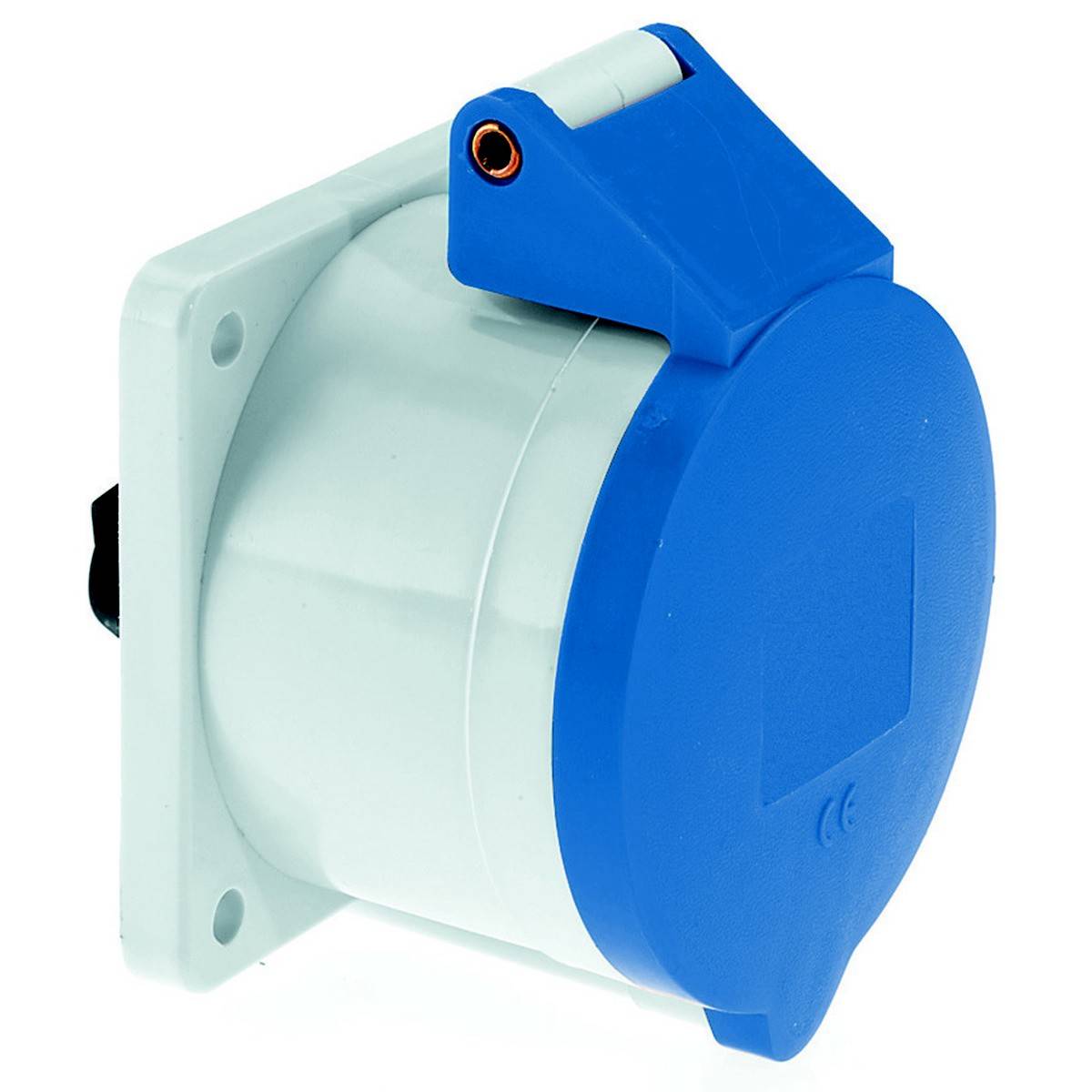 Weiß-blaue Industriesteckdose, Wandmontage, geschlossen, Seitenansicht.