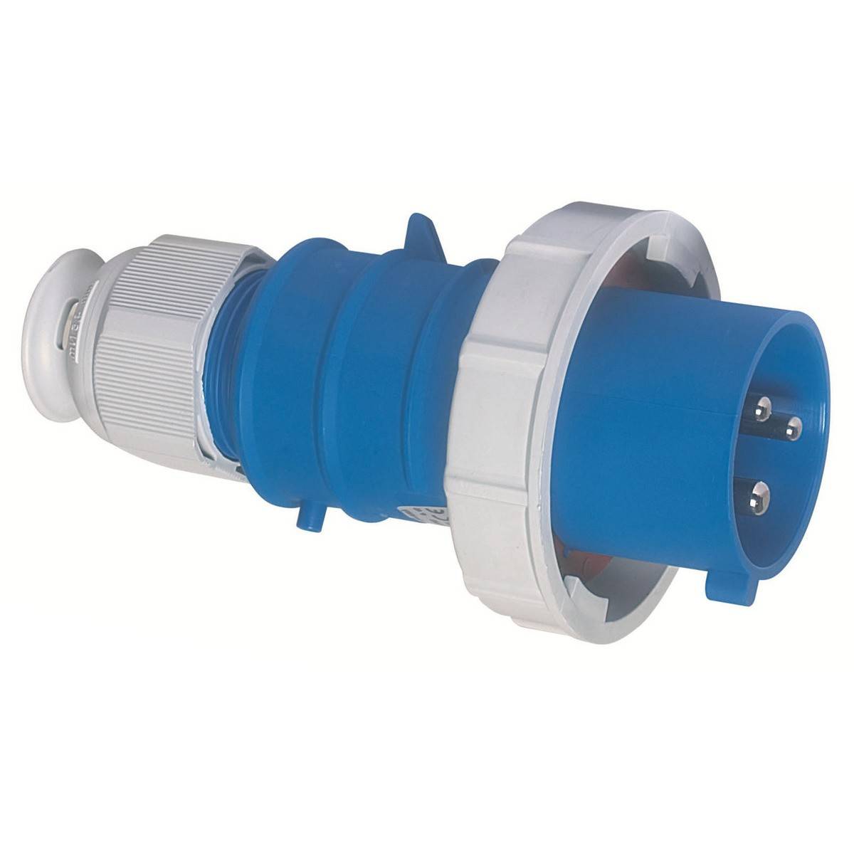 Ein blauer, industrieller Stecker mit drei Metallstiften und einem weißen Gehäuse, typisch für Hochspannungsverbindungen.