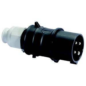 Industrie-Stecker mit schwarzem Gehäuse und vier metallenen Pins. Geeignet für elektrische Anschlussanwendungen in industriellen Umgebungen.
