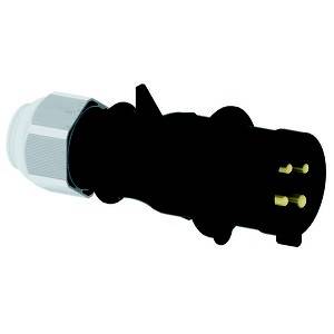 Ein schwarzer, zylindrischer elektrischer Stecker mit drei goldfarbenen Pins und einer grauen, geriffelten Überwurfmutter.