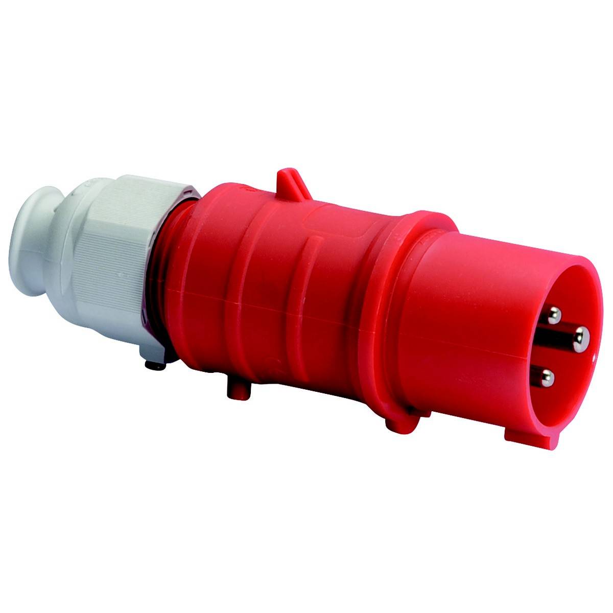 Roter, zylindrischer Starkstromstecker mit drei Metallstiften und einer weißen Kabelverschraubung, häufig für industrielle Anwendungen.