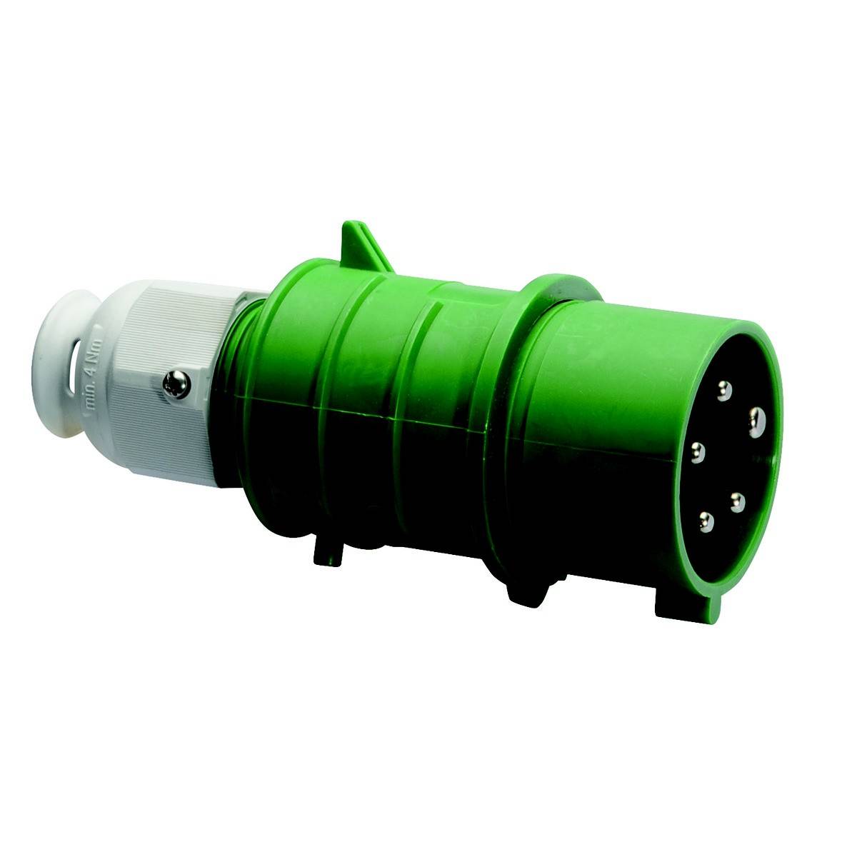 Grüner, zylindrischer Elektrostecker mit mehreren Metallkontakten, geeignet für industrielle Anwendungen.