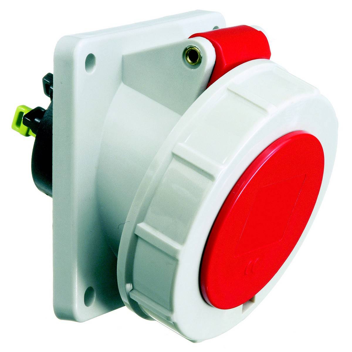 Ein weißer und roter Drehstromstecker, geeignet für industrielle Anwendungen, an einer grauen Wand montiert.