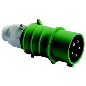 Grüner elektrischer Stecker mit mehreren Pins, verwendet für industrielle Anwendungen, isolierend und robust gestaltet.