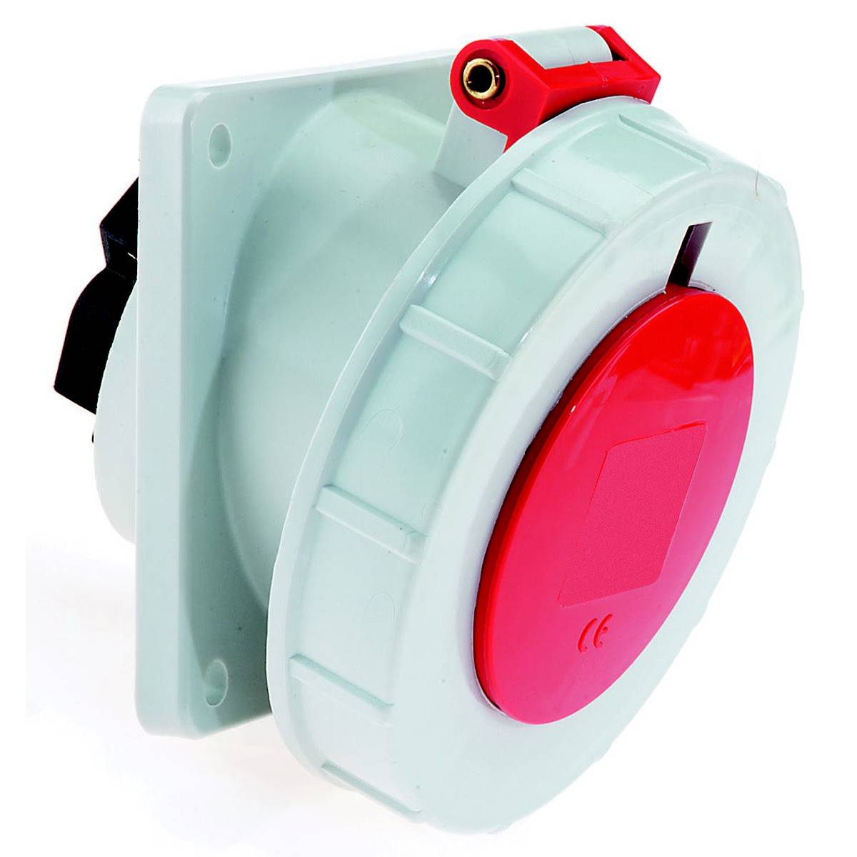 Ein weißer Wandeinbau-Steckverbinder mit roter schwenkbarer Abdeckung und seitlichem Steckkontakt, genutzt zur Stromversorgung.