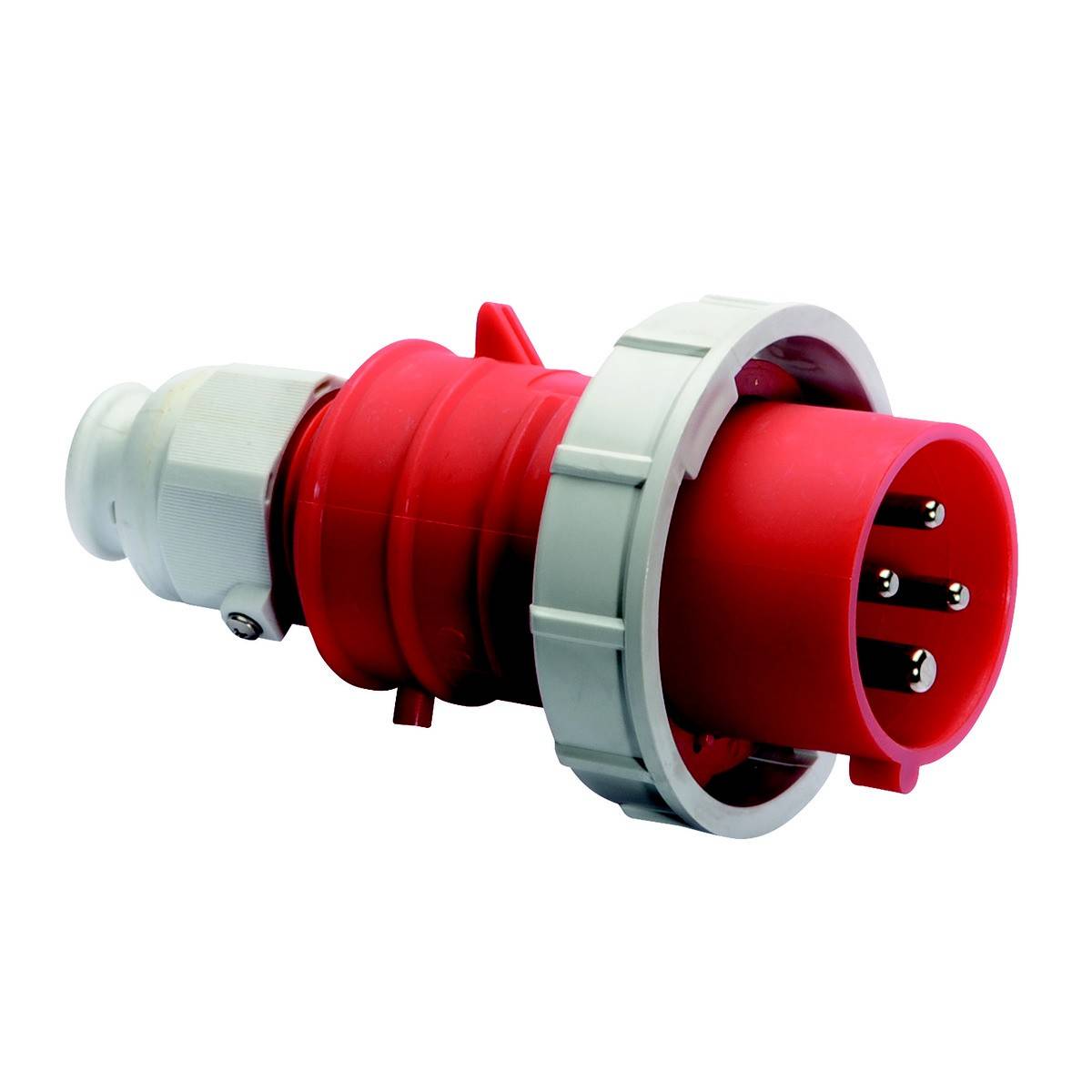 Roter dreipoliger Drehstromstecker in Nahaufnahme, verwendet für industrielle Stromverbindungen.