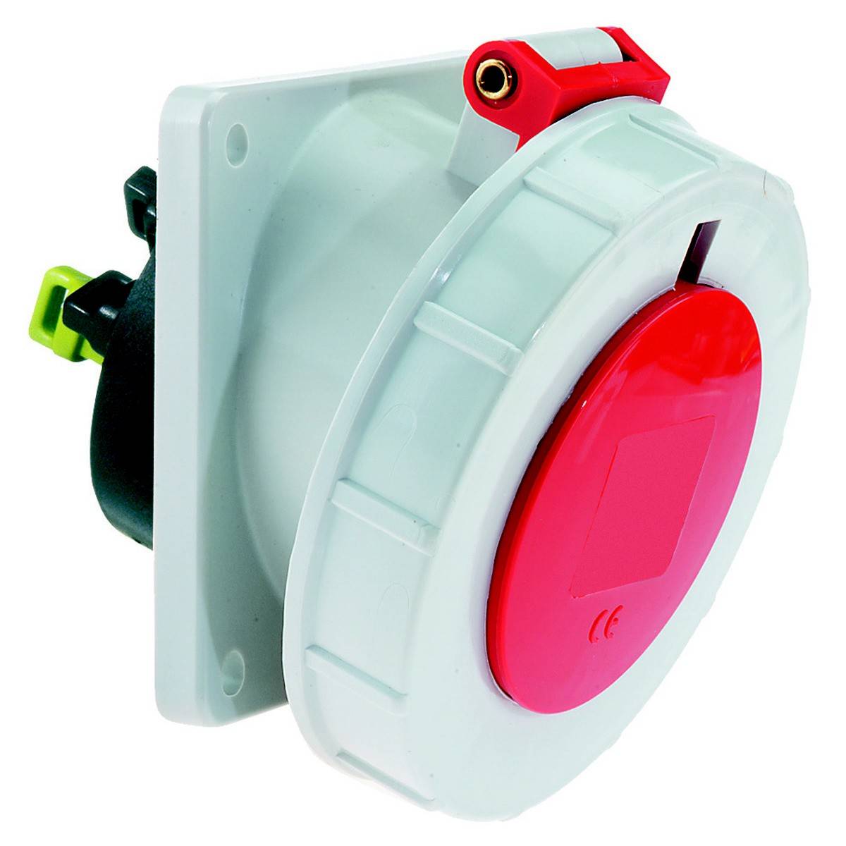 Ein weißer und roter industrieller CEE-Stecker für Stromverbindungen, zur Wandmontage geeignet, mit Kunststoffgehäuse und Schutzkappe.