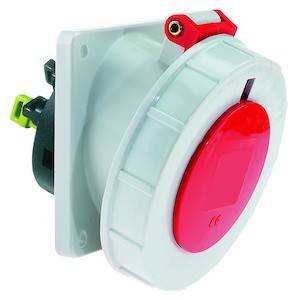 Ein runder, weißer und roter industrieller Steckverbinder, typischerweise für Hochspannungsanwendungen oder industrielle Geräte genutzt.