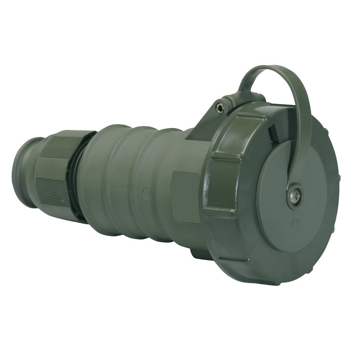 Ein grüner, zylindrischer Stecker mit Deckel und Rillen, wahrscheinlich für industrielle oder technische Anwendungen geeignet.