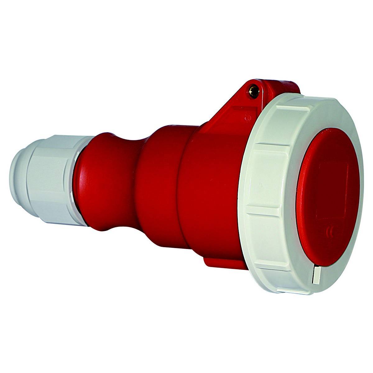 Roter elektrischer Stecker mit weißer Abdeckung, verwendet für industrielle Hochspannungsverbindungen, Ansicht von der Seite.