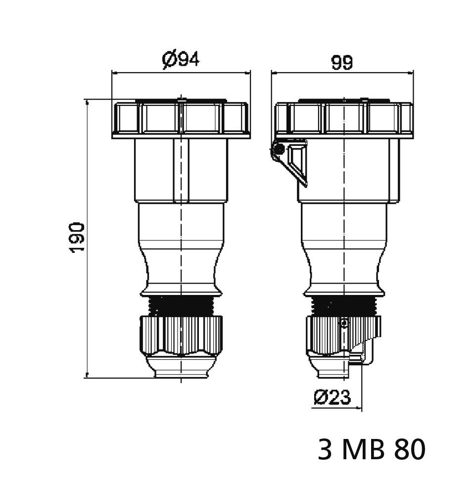 Technische Zeichnung eines Steckers mit Abmessungen: Durchmesser 94 mm und 23 mm, Gesamthöhe 190 mm. Bezeichnung: '3 MB 80'.