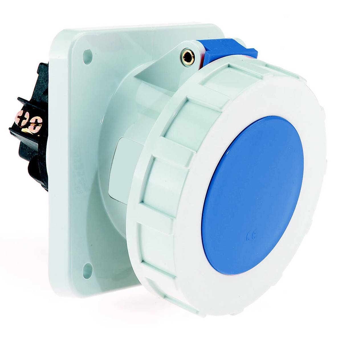Ein runder, blauer Steckdosenadapter mit weißem Gehäuse, an einer Wandplatte montiert. Geeignet für industrielle Anwendungen.