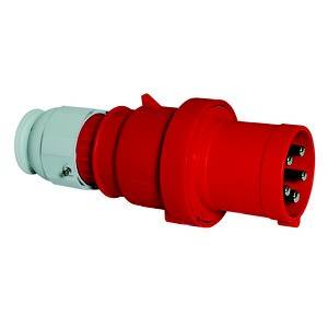 Roter, industrieller Stecker mit mehreren runden Kontakten, verwendet für Hochspannungsanschlüsse.