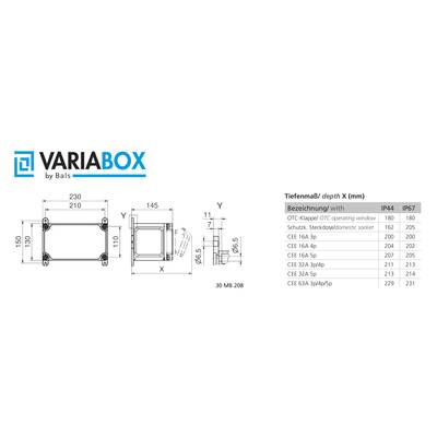 Bemaßte technische Zeichnung einer rechteckigen Abdeckung mit Tabelle der Bezeichnungen und Abmessungen in Millimetern. Markenname 'VARIABOX'.