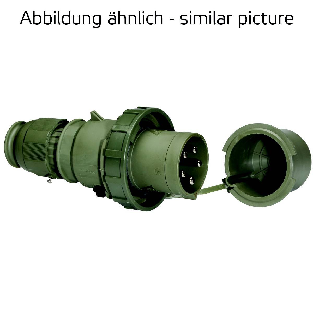 'Militär-Steckverbinder in grün mit geöffneter Schutzkappe und drei sichtbaren Stiften.'
