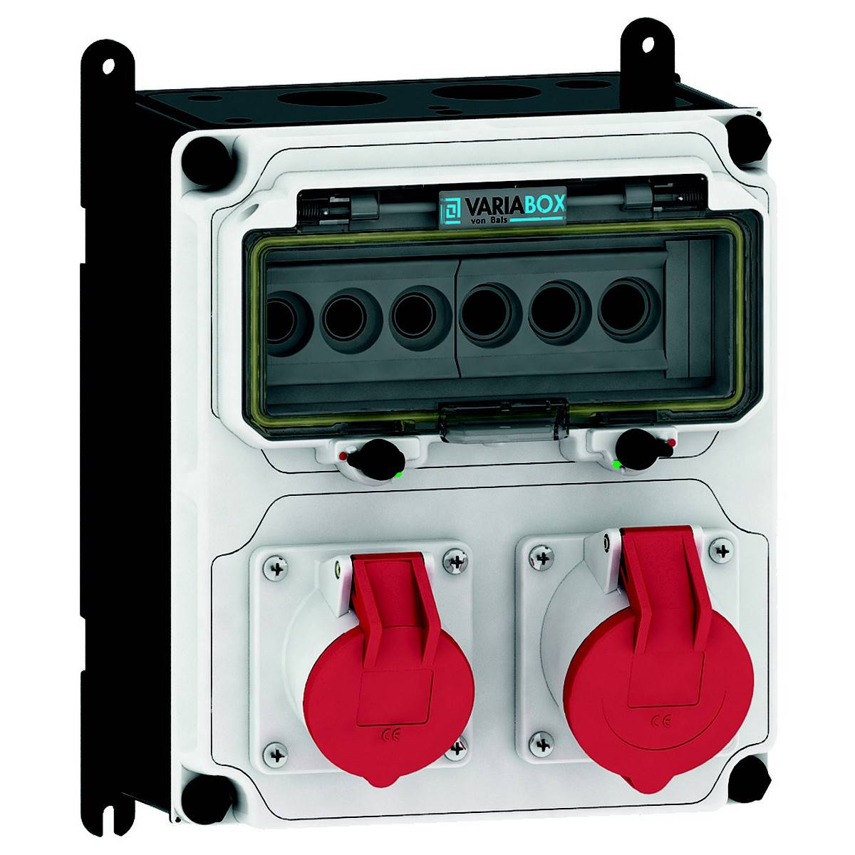 Ein weißes und schwarzes Schaltkastenmodul mit rotem und grauem Schalter, beschriftet mit 'Variabox', montiert an einer schwarzen Halterung.