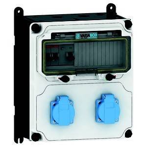 Ein elektrisches Verteilergehäuse mit zwei blauen Steckdosen und einem transparenten Abdeckungsfach.