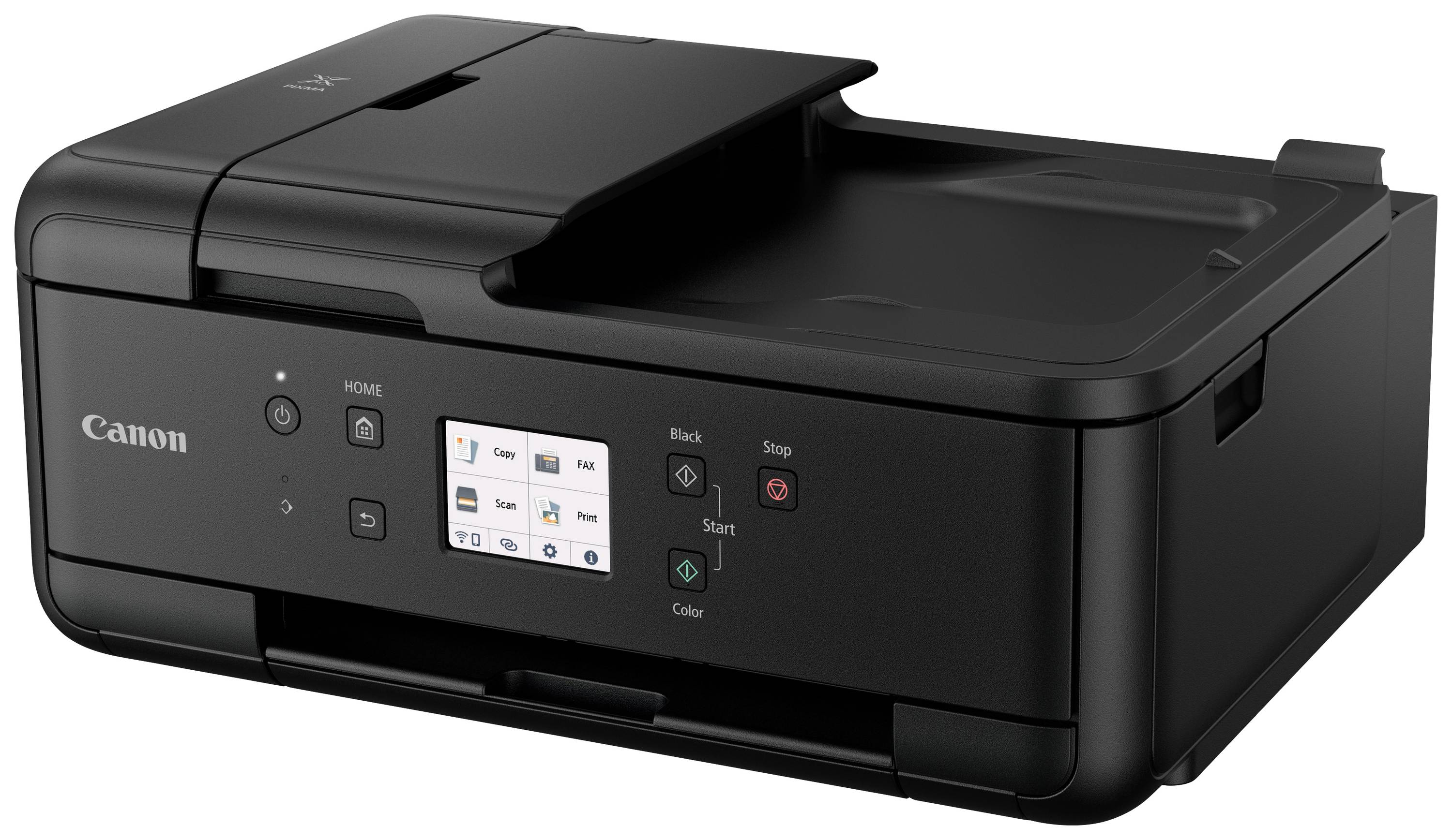 Ein schwarzer Multifunktionsdrucker mit kleinem Display an der Vorderseite, mehreren Tasten für Bedienungsoptionen und dem Logo 'Canon'.