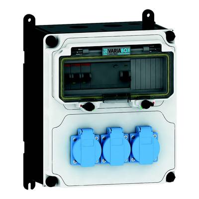 Eine weiße elektrische Schalttafel mit vier blauen Steckdosen und einem transparenten Abschnitt oben, der Schalter enthält.