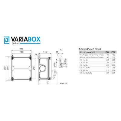 'VARIABOX'-Diagramm zeigt Maße eines Gehäuses in Millimetern. Es enthält eine Tabelle für Tiefenmaße und IP-Schutzarten verschiedener Modelle.