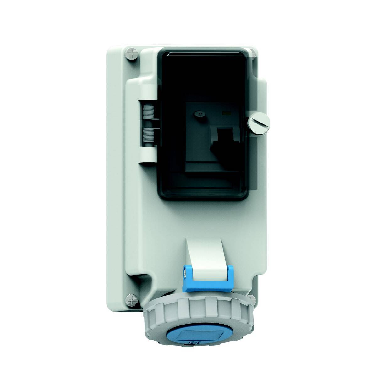 Ein grauer, rechteckiger Elektrokasten mit blauem Anschluss. Ideal für industrielle Anwendungen.