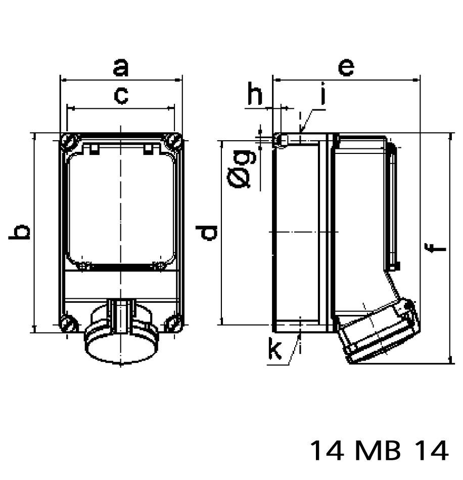 'Technische Zeichnung eines rechteckigen Gehäuses mit Maßen: a, b, c, e, h, k, p. Rundes Element an der Basis beschrieben.'