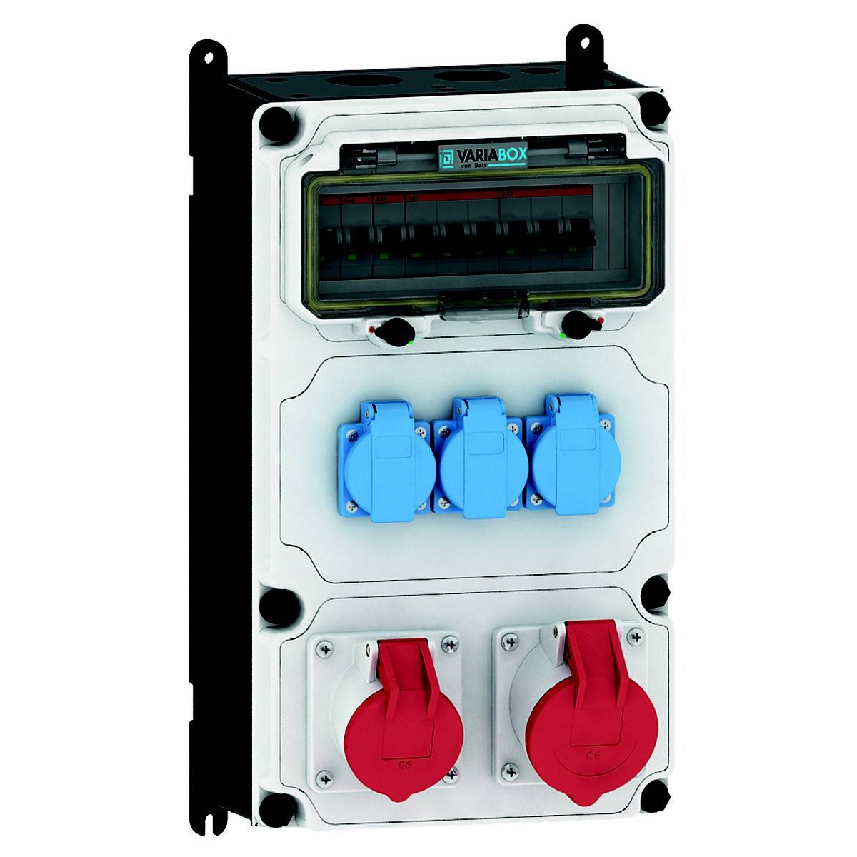 Ein elektrisches Verteilerfeld mit mehreren blauen und roten Steckdosen, geeignet für industrielle Anwendungen.
