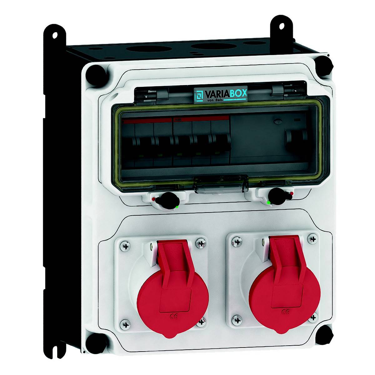 Ein elektrischer Verteilerkasten mit mehreren roten Drehstromsteckdosen und Schutzschaltern, geeignet für industrielle Anwendungen.