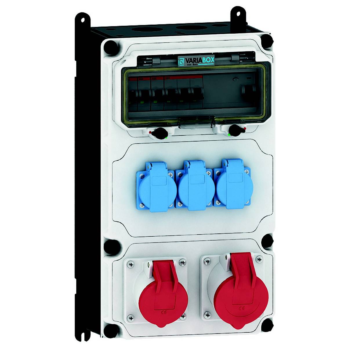 Ein elektrischer Verteilerkasten mit mehreren schaltbaren Steckdosen in Blau und Rot an der Vorderseite. Oberes Fach mit Schutzschaltern.