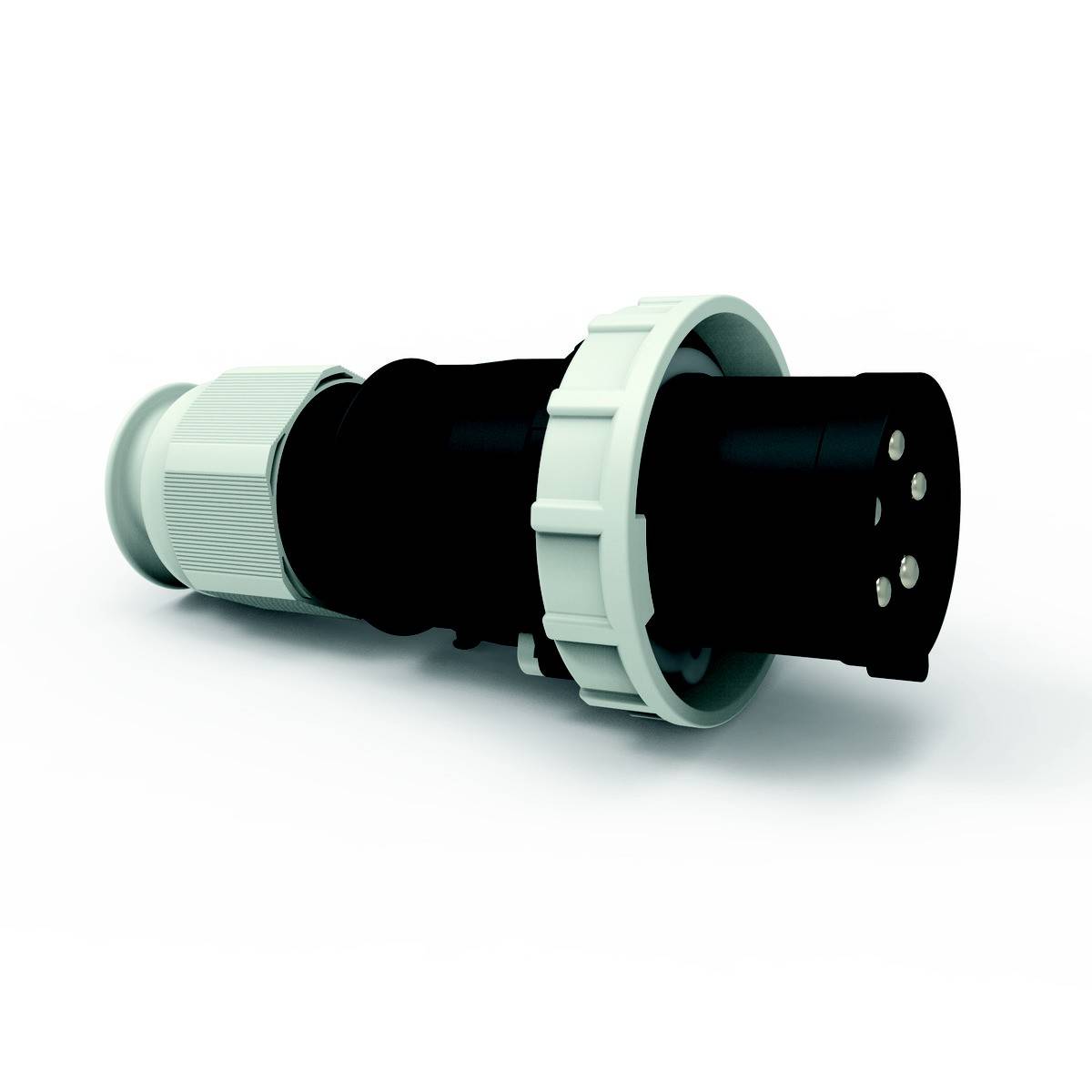 Ein schwarzer, zylindrischer Stecker mit weißen Ringen und mehreren Metallpins, verwendet in elektrischen Verbindungen.