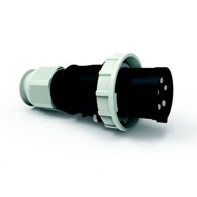 Ein schwarzer, zylindrischer Stecker mit weißen Ringen und mehreren Metallpins, verwendet in elektrischen Verbindungen.