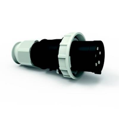 Ein schwarzer elektrischer Stecker mit fünf Metallstiften und weißem Kunststoffgehäuse liegt auf einer weißen Oberfläche.