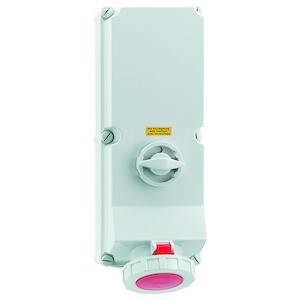 'Weißes elektrisches Gerät mit rotem Knopf und Drehgriff, montiert an einer weißen Platte.'