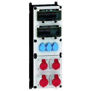 Ein Verteilerkasten mit blauen und roten Steckplätzen, geeignet für industrielle und elektrische Anwendungen.