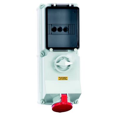 Elektrischer Schaltkasten mit einem Hauptschalter und drei Steckdosenlöchern, geeignet für industrielle Anwendungen.