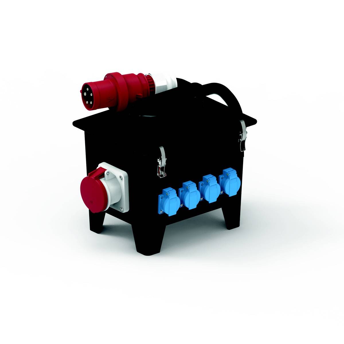 Ein tragbarer Stromverteiler mit mehreren blauen und einem roten Steckanschluss, geeignet für Baustellen oder Veranstaltungen.