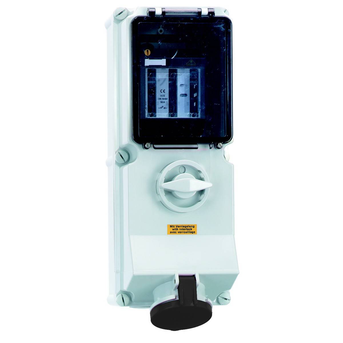 Ein weißes elektrisches Gehäuse mit durchsichtigem Deckel und großem Drehschalter, verwendet für industrielle Stromverbindungen.