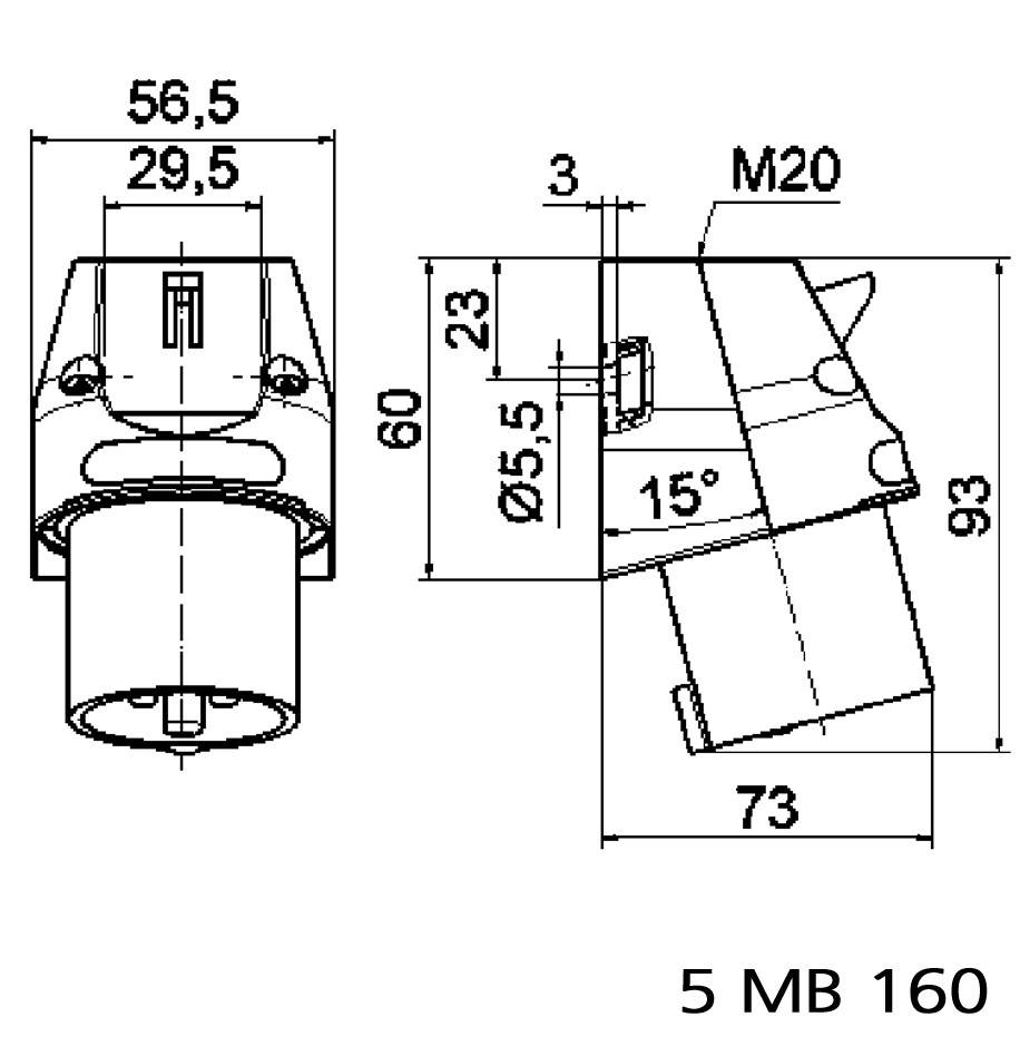 Technische Zeichnung eines Steckers mit Maßen: 56,5 x 29,5 mm, Länge 93 mm, Neigung 15 Grad, Schnittansicht zeigt Details. Markierung: '5 MB 160'.
