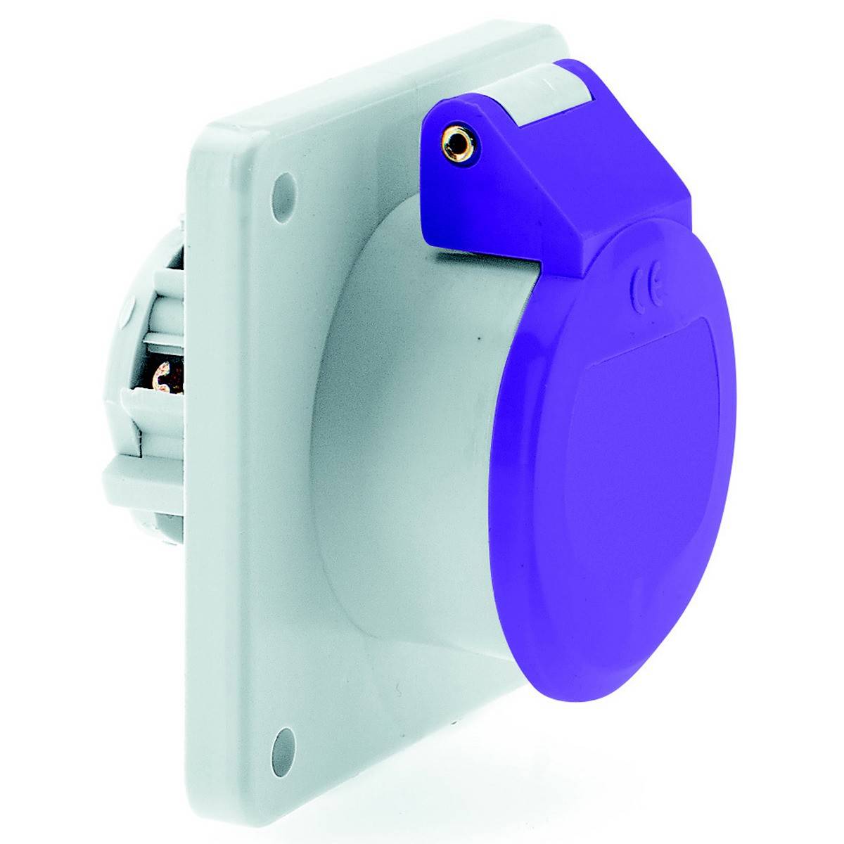 Ein blauer, quadratischer Steckdosenadapter mit Schutzabdeckung.