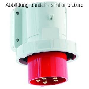 'Abbildung ähnlich - similar picture': Ein roter, industrieller Stecker mit fünf runden Kontakten, montiert an einer weißen Basis.