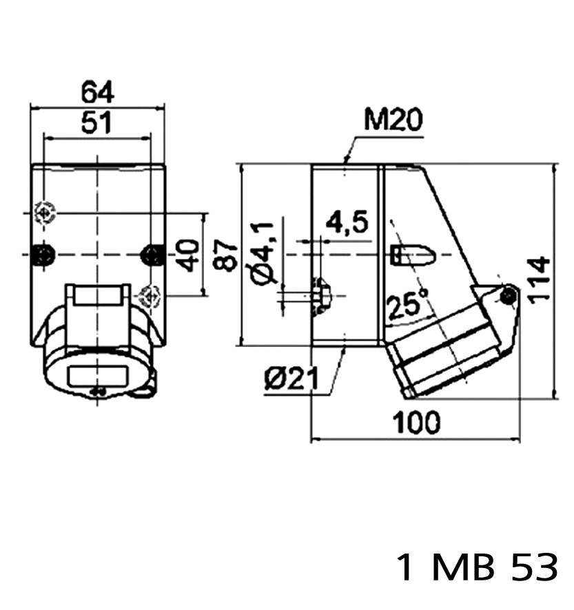 Technische Zeichnung eines Kunststoffgehäuses mit Maßen in Millimetern: 64x51x87, Rohrdurchmesser Ø21, Gewinde M20, Spannwinkel 25 Grad.