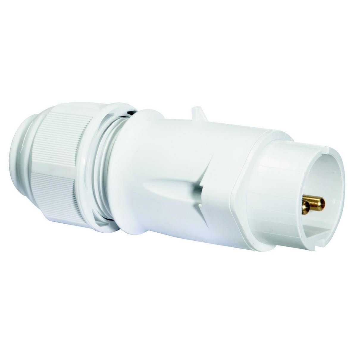 Ein weißer elektrischer Stecker mit rundem Profil und geripptem Griff, geeignet für industrielle Anwendungen.