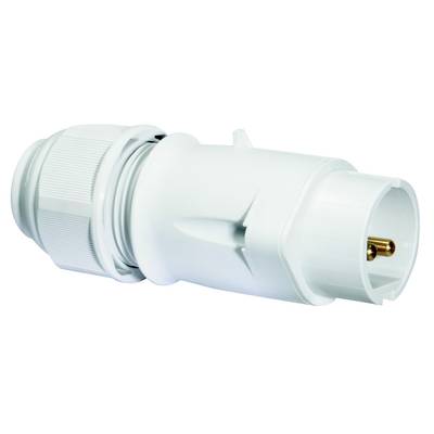 Ein weißer elektrischer Stecker mit rundem Profil und geripptem Griff, geeignet für industrielle Anwendungen.