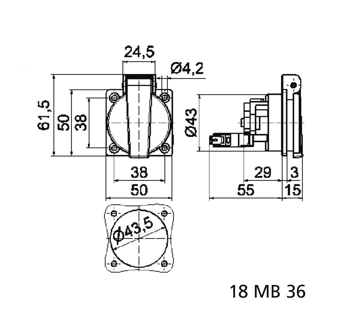 Technische Zeichnung eines Bauteils mit Abmessungen: 61,5 x 50 mm, Durchmesser 43,5 mm. Seitlicher Anschluss, Gesamtmaße: 29 x 38 mm.