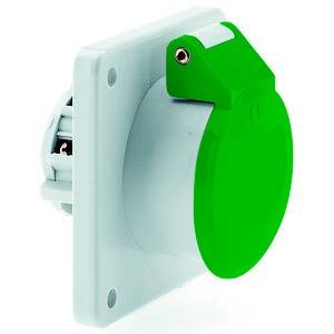 Eine grüne, runde Wandsteckdose mit Schutzkappe aus Kunststoff, montiert auf einer quadratischen weißen Platte.