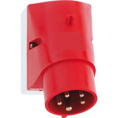 Roter dreipoliger Stecker für industrielle elektrische Anwendungen, zeigt Vorderansicht mit sichtbaren Anschlüssen.