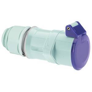 Ein blauer, industrieller Stecker mit Schutzkappe, seitlich dreieckiges Design, zur Sicherung elektrischer Verbindungen in Anlagen.