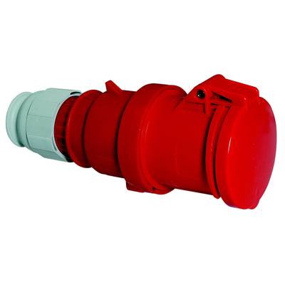 Roter, industrieller Drehstromstecker mit grauem Anschlussbereich, häufig in technischen und industriellen Anwendungen verwendet.