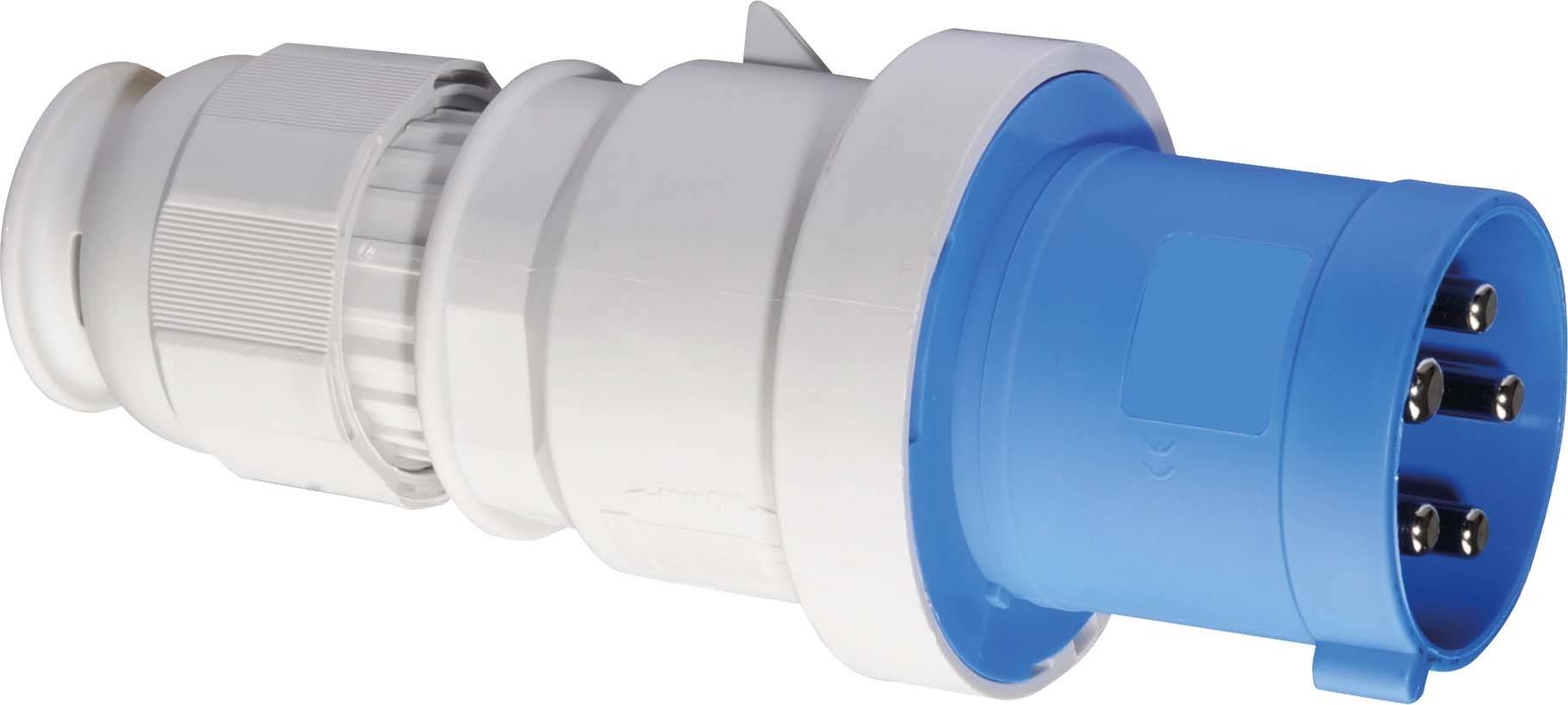 Ein blauer elektrischer Stecker mit drei Metallstiften und einem weißen Gehäuse, geeignet für industrielle Anwendungen.
